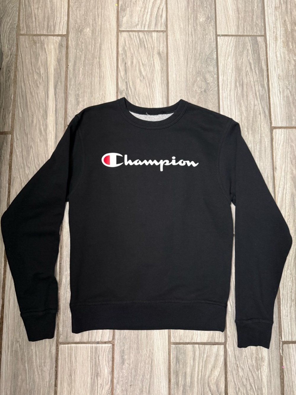 Champion Men’s Black Crewneck with White Script and Red Logo Size Small